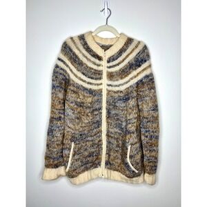 AVOCA HANDWEAVERS Wool Knit Full Zip Sweater Cardigan Gray Tan Ireland XL